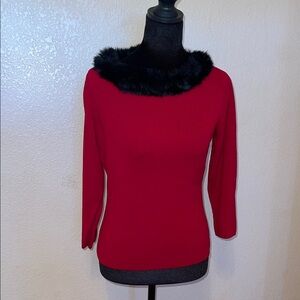 Michele Renee red Sweater with Black Faux-Fur Trim